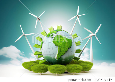 Windmills on a green landscape offering natural, sustainable electricity. Reducing carbon footprint and combatting climate change. Generative AI. 101307416