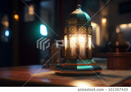 A cozy and inviting room with a glowing Ramadan lantern and traditional Arabic decor, perfect for creating a warm and comforting ambiance. AI Generative. 101307420