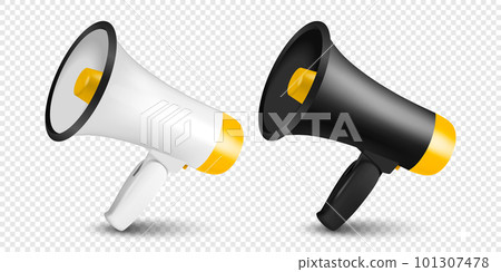 Vector Realistic 3d Simple White and Black Megaphone Icon Set Closeup Isolated. Design Template, Banner, Web. Speaker Design Template. Announcement, Attention Concept Vector Realistic 3d Simple White and Black Megaphone Icon Set Closeup Isolated. Design Template, Banner, Web. Speaker Design Template. Announcement, Attention Concept 101307478