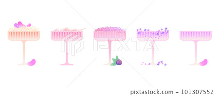 Champagne dessert glass set. Alcoholic drinks with berries, flowers and different ingredients Champagne dessert glass set. Alcoholic drinks with berries, flowers and different ingredients 101307552