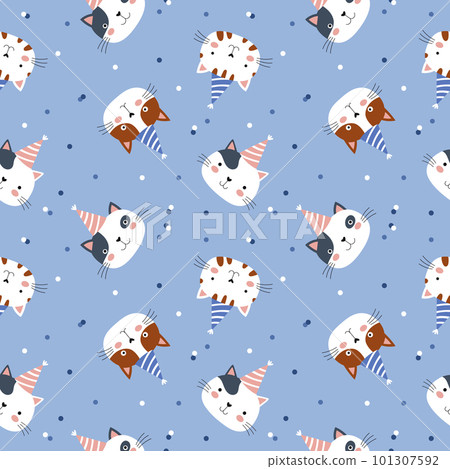 Happy birthday seamless pattern. Funny kittens in holiday hats and confetti. 101307592