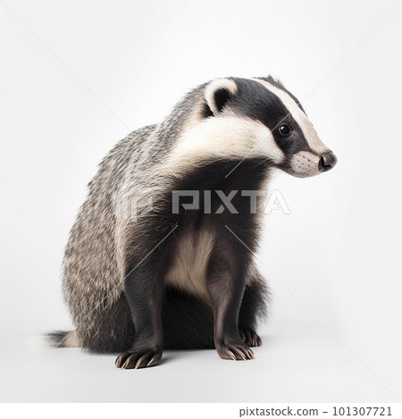 Badger, wild predator isolated on white close-up, interesting animal 101307721