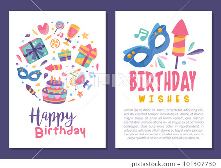 Happy Birthday Square Card with Cake, Firecracker and Carnival Mask Vector Template Happy Birthday Square Card with Cake, Firecracker and Carnival Mask Vector Template 101307730