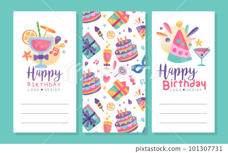 Happy Birthday Vertical Invitation Card with Cake, Gift Box and Cocktail Vector Template Happy Birthday Vertical Invitation Card with Cake, Gift Box and Cocktail Vector Template 101307731