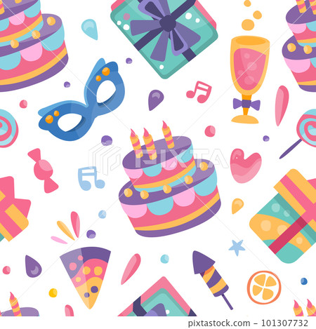 Happy Birthday Seamless Pattern with Cake, Gift Box and Carnival Mask Vector Template Happy Birthday Seamless Pattern with Cake, Gift Box and Carnival Mask Vector Template 101307732