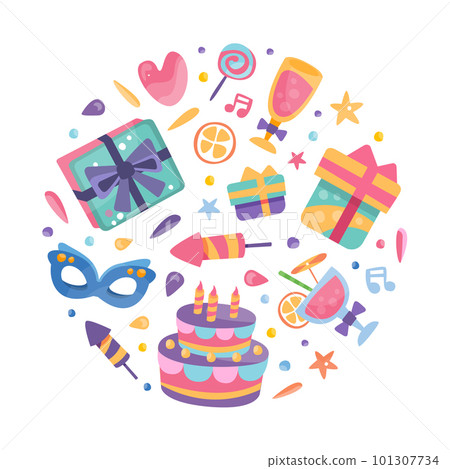 Happy Birthday Circle Arrangement with Cake, Gift Box and Carnival Mask Vector Template 101307734