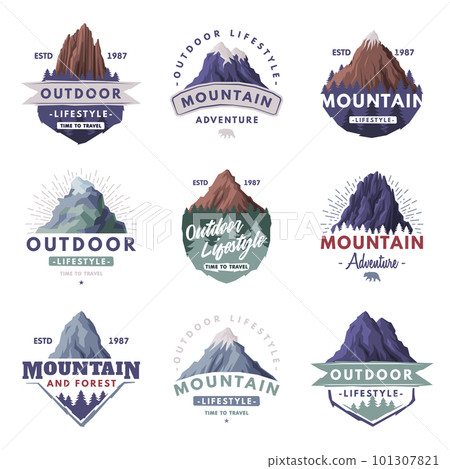 Forest and Mountain Logo for Outdoor Adventure and Hiking Tourism Vector Set 101307821