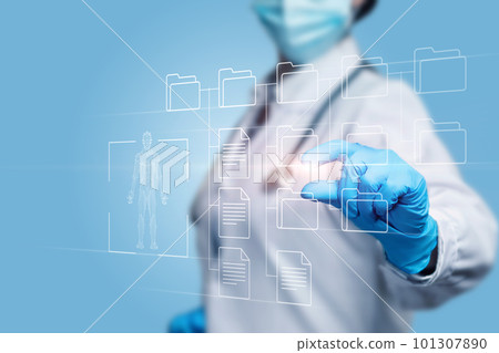 Doctor working on virtual computer crane with documents . Doctor working on virtual computer crane with documents . 101307890