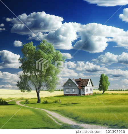 Rural landscape with house, green agriculture fields, path and clouds. Rural landscape with house, green agriculture fields, path and clouds. 101307910