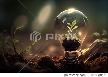 A glowing light bulb surrounded by botanical elements showcases the innovative idea of sustainable energy and minimalistic decoration for a green home. Ai Generative 101308054