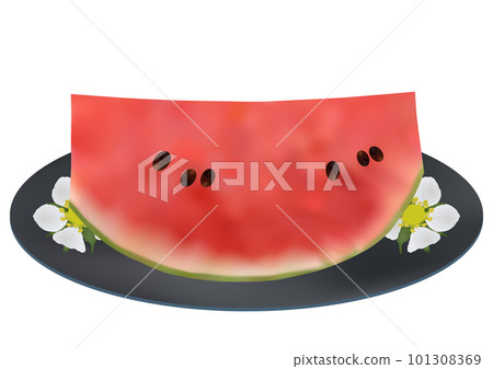 "Cut red small ball watermelon" served on a plate Blue plate Floral pattern "Cut red small ball watermelon" served on a plate Blue plate Floral pattern 101308369
