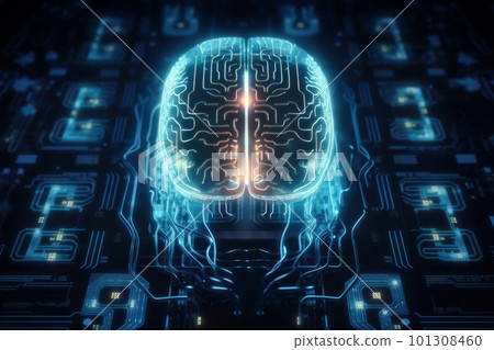 Glowing cyber brain over circuit board, human-machine interface concept. Generative AI illustration Glowing cyber brain over circuit board, human-machine interface concept. Generative AI illustration 101308460