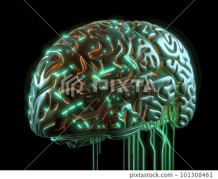 Glowing human-computer brain connected with wires, AI concept. Generative AI illustration Glowing human-computer brain connected with wires, AI concept. Generative AI illustration 101308461