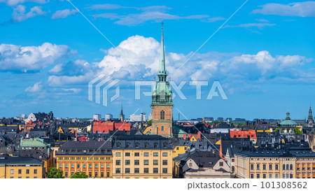 Stockholm skyline with the tower of St. Gertrude Church, also known as the German Church, in the Old Town, Stockholm, Sweden Stockholm skyline with the tower of St. Gertrude Church, also known as the German Church, in the Old Town, Stockholm, Sweden 101308562