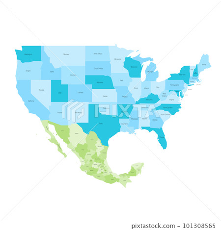United States and Mexico political map of administrative divisions. Colorful vector map with labels. United States and Mexico political map of administrative divisions. Colorful vector map with labels. 101308565
