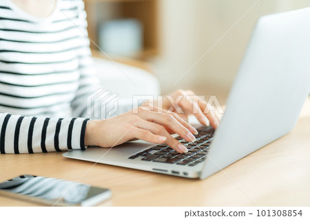 操作 PC 的女士的手 操作 PC 的女士 遠程辦公的年輕女士 101308854