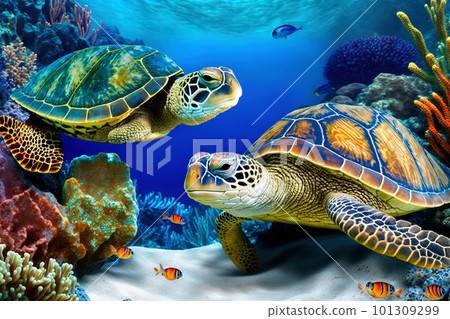 Coral reef with wild sea turtles and fish, tropical ocean underwater life, generative AI 101309299