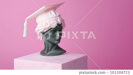 Plaster head of woman in a traditional Graduate cap, pink background, minimalism. The concept of graduation from school, university, education, study Plaster head of woman in a traditional Graduate cap, pink background, minimalism. The concept of graduation from school, university, education, study 101309723