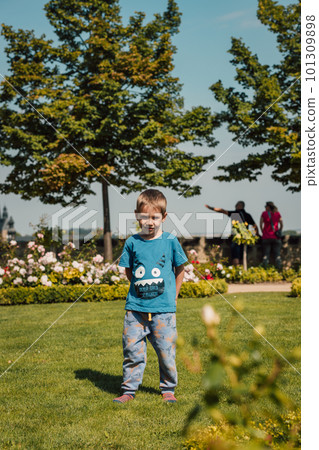 A little boy stands in nature on a sunny day 101309898