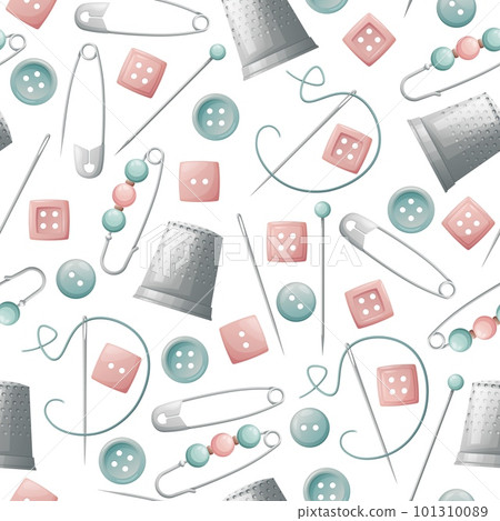 Seamless pattern with pins, thimble and buttons. Sewing atelier, needlework, hobby. Suitable for fabric, wallpaper, decor, clothes, wallpaper 101310089