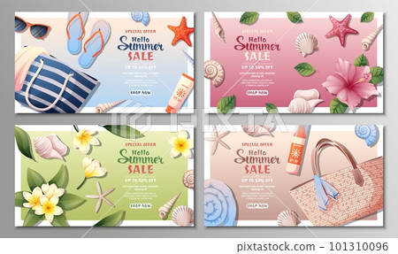 Set of summer discount banners. Beach vibe, summer time, holidays. Background with beach accessories, tropical flowers, seashells and starfish. Great for banners, promotions, posters. 101310096