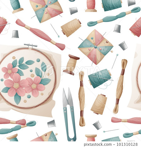 Seamless pattern with hoop, needle bed, floss threads. Embroidery, hobby, handmade. Great for fabric, wallpaper, paper. 101310128