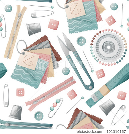 Seamless background with seamstress tools. Texture with scissors, pins, threads. Hobie, needlework, sewing workshop.Great for textiles, wallpaper, paper, prints 101310167