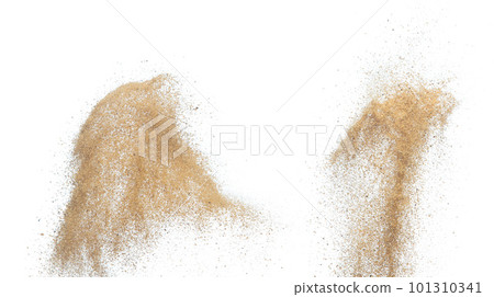 Sand flying explosion, Golden sand wave explode. Abstract sands cloud fly. Yellow colored sand splash throwing in Air. White background Isolated high speed shutter, throwing freeze stop motion 101310341