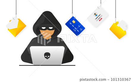 Hacker, Cyber criminal with laptop stealing user personal data. Hacker attack and web security. Internet phishing. Cyber security concept. Vector illustration. Hacker, Cyber criminal with laptop stealing user personal data. Hacker attack and web security. Internet phishing. Cyber security concept. Vector illustration. 101310367