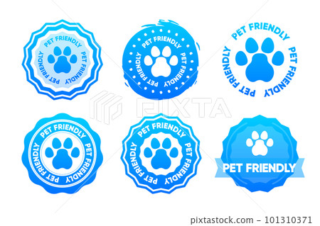 Pet friendly. Collection stamps pet paw or dog. Pet paw icon. Vet clinic, shop label, sticker, logo. Vector illustration. 101310371