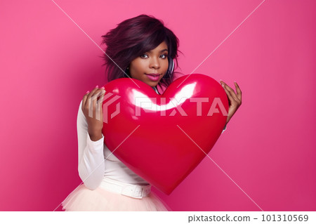 African ethnicity woman in love holding large heart shaped baloon, AI generative image African ethnicity woman in love holding large heart shaped baloon, AI generative image 101310569