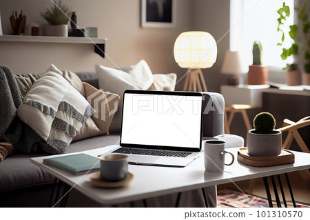 Mock up of blank screen laptop computer on desk in modern living room, Still life workplace at home technology indoors lifestyle, home interior, Generative AI Mock up of blank screen laptop computer on desk in modern living room, Still life workplace at home technology indoors lifestyle, home interior, Generative AI 101310570