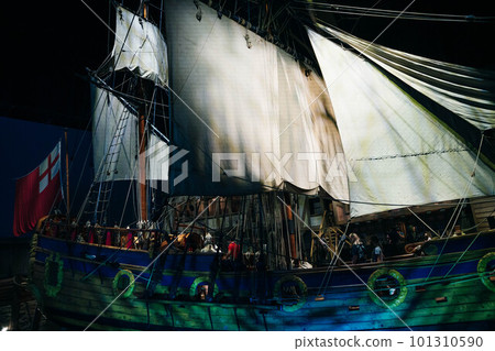 Winnipeg, Manitoba Canada - October 2022: A lifesize model of the ship called Nonsuch that sailed into Hudson Bay  101310590