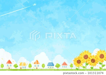 Landscape illustration of a summer cityscape with sunflowers and blue sky 101311074