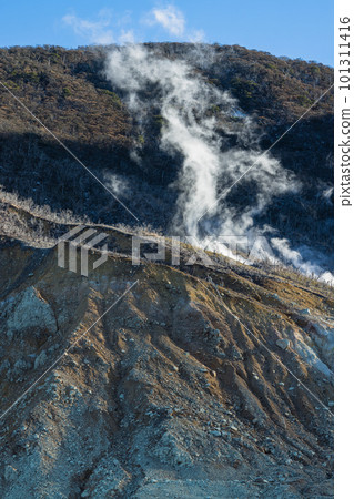 White fumaroles erupting from the rock face of Owakudani and Mt. White fumaroles erupting from the rock face of Owakudani and Mt. 101311416