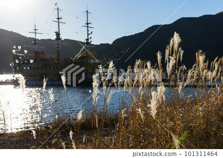 Lake Ashinoko and Hakone Pirate Ship from Togendai Port in Hakone-machi, Ashigarashimo-gun, Kanagawa Prefecture, Japan 101311464