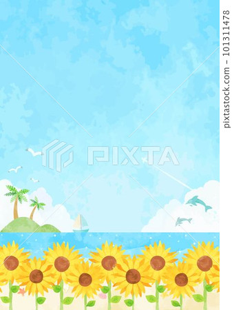 Summer sea landscape illustration with blue sky, sunflower field and contrails 101311478