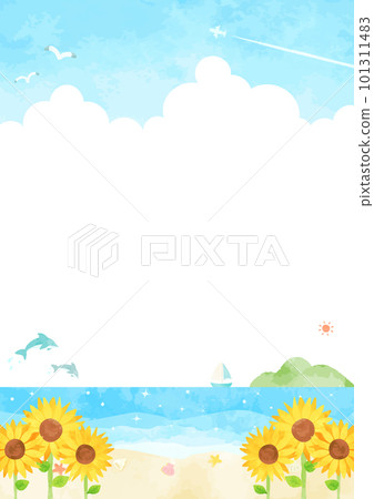 Summer sky and sea landscape illustration where you can see thunderheads and contrails 101311483