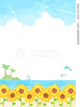 夏季海景觀插圖與雷雲、向日葵田和尾跡 101311485