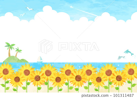 向日葵田、雷雨雲和藍天的夏季海濱景觀插圖 101311487