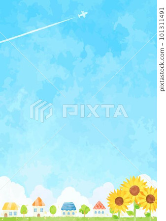 夏季城市景觀插圖,清新的藍天和盛開的向日葵 夏季城市景觀插圖,清新的藍天和盛開的向日葵 101311491