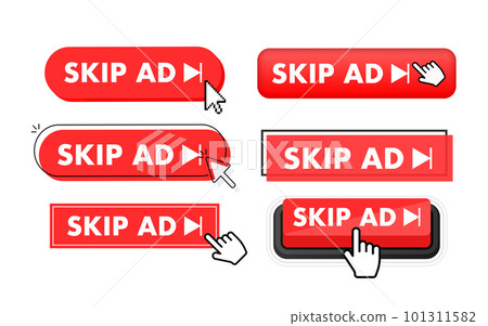 Set of Skip ad button. Hand pointer clicking. Skip ad web buttons 101311582