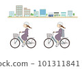 A female student riding a bicycle with the cityscape in the background 101311841