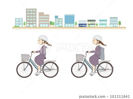 A female student riding a bicycle with the cityscape in the background 101311841