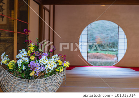 The back garden seen from the enlightenment window of Meigetsu-in Temple, known for its hydrangea temple in Kamakura, Kanagawa Prefecture, Japan The back garden seen from the enlightenment window of Meigetsu-in Temple, known for its hydrangea temple in Kamakura, Kanagawa Prefecture, Japan 101312314