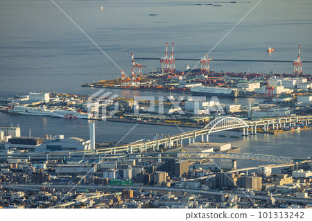 Rokko Island and the city of Kobe, the cityscape of the port, viewed from the observatory on Mt. Rokko in Kobe City, Hyogo Prefecture, Japan 101313242