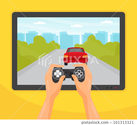 Human Hands with Gamepad Playing Video Racing Game Vector Illustration 101313321