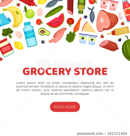 Grocery Food Store Banner Design with Products Vector Template 101313369
