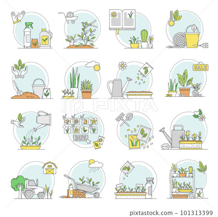 Gardening and Horticulture as Plant Cultivation with Tools and Organic Product Growing Line Round Vector Composition Set 101313399