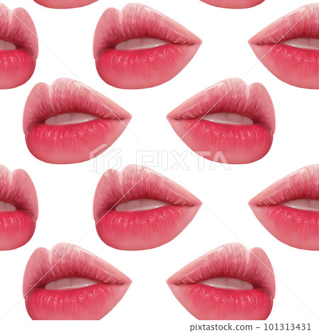 Illustration realism seamless pattern female lips of pink color on a white isolated background Illustration realism seamless pattern female lips of pink color on a white isolated background 101313431